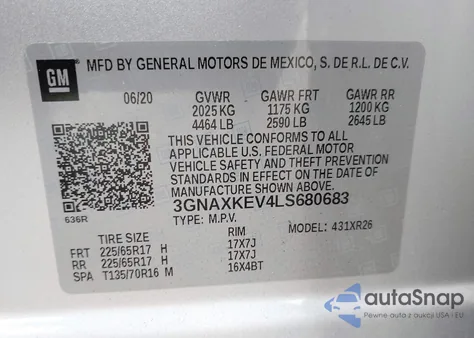 2020 Chevrolet Equinox Fwd Lt 1.5L Turbo z USA, uszkodzony, nr VIN 3GNAXKEV4LS680683